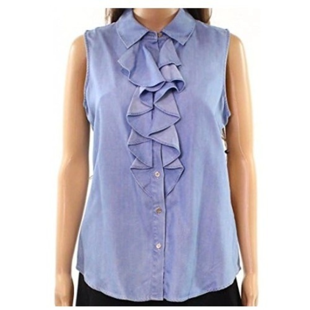Karl Lagerfeld Ruffle Sleeveless Blouse Womens XS Blue Office Business Casual